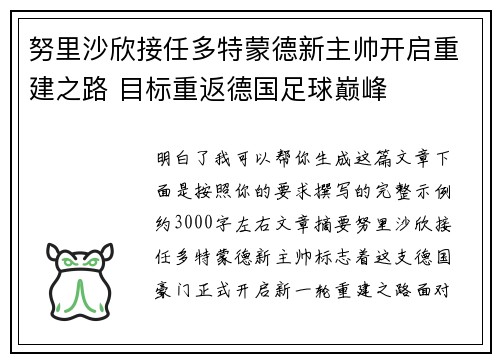 努里沙欣接任多特蒙德新主帅开启重建之路 目标重返德国足球巅峰