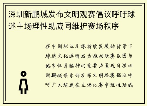 深圳新鹏城发布文明观赛倡议呼吁球迷主场理性助威同维护赛场秩序